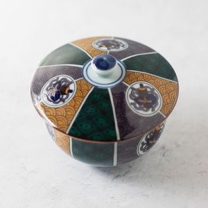 Multicolor Porcelain Lidded Bowl - Green & Gold Pattern